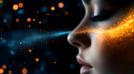 Poster - A serene profile of a woman illuminated by ethereal sparkles and gentle light trails, embodying tranquility and introspection.