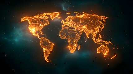 Poster - A vibrant digital world map illuminated with glowing lines, representing connectivity and global data flow in technology.