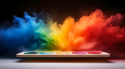 Poster - A vibrant display of colored powder exploding from a palette, creating an artistic and dynamic visual scene.