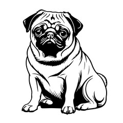 Sticker - pug sitting in black and white. illustration