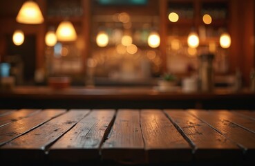 Aufkleber - Empty wooden table and blurred bar background with bokeh lights. Wood desk surface with counter in dark interior of cafe. Abstract design montage for food product display.