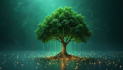 Fototapete - Symbolic illustration of tree with digital roots, branches. Tree represents knowledge, modern tech. Green leaves, eco theme, nature concept, shows connection, innovation, growth, data, information.