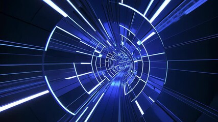 Poster - Futuristic Tunnel with Glowing Blue Lights and Geometric Patterns Creates Sense of Motion and Depth, Evoking Sci Fi Atmosphere and Abstract Design in High Tech Digital Environment