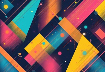 Aufkleber - Trendy retro background with vibrant geometric shapes squares, triangles, lines, circles on dark backdrop. Funky, bright colorful design. Abstract illustration in 1980s 90s style for modern projects.