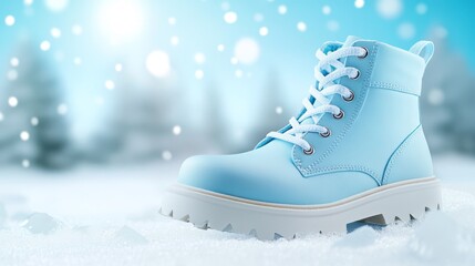 Wall Mural - Blue boots in the snow, a winter scene of warmth and style amidst the frozen landscape