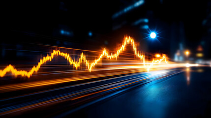 Poster - Dynamic financial graph showcasing market trends with vibrant lines representing data fluctuations in a modern city setting.
