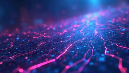 Poster - Illustration featuring blue, purple technology circuit background. Intertwined lines showcase fusion of advanced engineering plus artistic design. Perfect for tech, innovation visuals with copy space