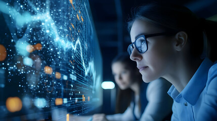 Poster - Focused woman analyzing data on a futuristic interface, showcasing innovation and connectivity in the digital era.
