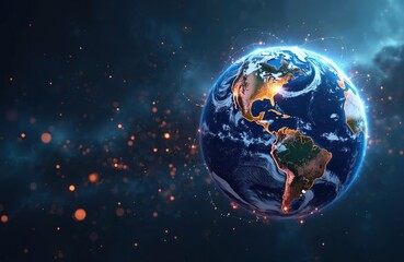 Fototapete - Earth in digital form, web of interconnected nodes overlayed, represents global network. Perfect for tech, business projects. AI generative. North, South America highlighted with orange color.