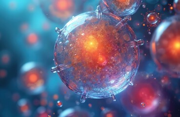 Poster - Abstract colorful stem cell illustration under microscope view. Generative AI art, bright microbiology, colourful organism, cell research. Science, technology background with cell structure. Tissue