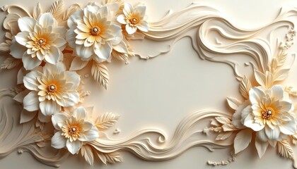 Poster - 3D mural wallpaper of flowers in gold and cream colors. Floral design with leaves creates elegant frame. Luxury wall art with camellias, architectural illustration for interior decoration.