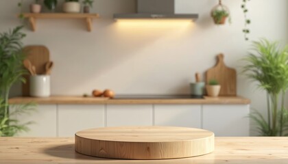 Aufkleber - Round wooden podium on table in blurred kitchen interior. Background cooking utensils, houseplant, stove. Mockup template presentation, advertising banner, product display, minimalist design.