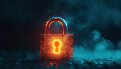 Canvas Print - glowing digital padlock against smoky dark background symbolizes security and protection. vibrant colors evoke sense of safety and trust