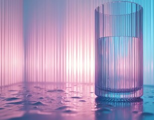 Aufkleber - Crystal ribbed glass of water reflects vibrant neon studio illumination. Blue, purple, silver, pink, violet colors create geometric pattern. Refraction on wet surface. Futuristic design for banner