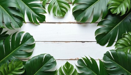 Aufkleber - Green tropical palm monstera leaves frame on white wooden planks. Summer holidays banner with copy space. Exotic botanical philodendron foliage. Nature background. Decorative design object.