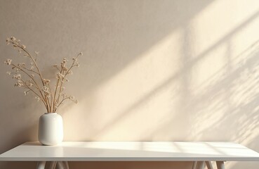 Poster - Textured neutral beige wall and white table with vase. Monochrome empty room with minimalist table, dried flower. Wall scene mockup for product display, promotion background with shadows.