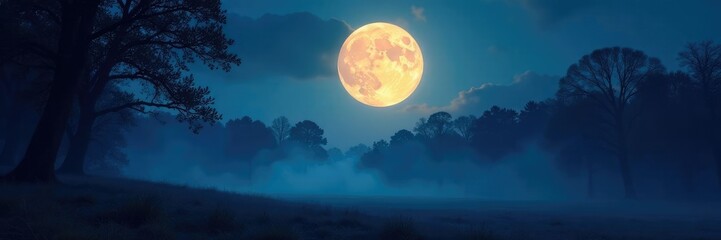 a glowing full moon illuminates a misty forest at midnight, full moon, trees