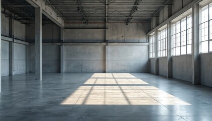 Poster - Empty industrial building interior with concrete floor, walls. Large windows let in natural light, illuminate indoor space, adding depth. Modern architectural design suitable for manufacture,