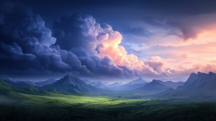 Wall Mural - Majestic mountain landscape under dramatic clouds at sunset