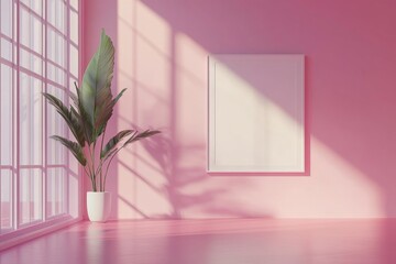 Wall Mural - Pink room, blank canvas, sunlight, plant, window, mockup, interior, design, minimalist, advertising