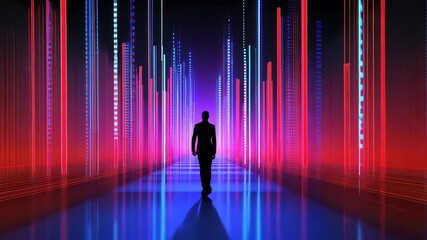Poster - Silhouette of Person Walking Through Futuristic Neon Corridor with Vibrant Red and Blue Lights Creating Sense of Mystery and Technology in Sci Fi Atmosphere with Digital Patterns