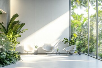 Wall Mural - Modern lobby; sunlit; tropical view; waiting area; design