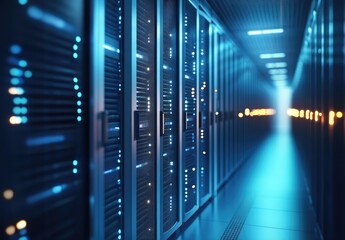 Poster - A futuristic data center with glowing server racks and bright blue lights, representing cloud computing, cybersecurity, and digital infrastructure. Ideal for IT, AI, and networking visuals