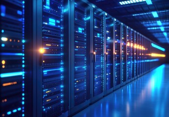 Poster - A modern data center with rows of illuminated server racks, symbolizing cloud computing, cybersecurity, and digital infrastructure. Ideal for IT, AI, and network security themes