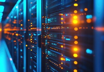 Poster - A close-up view of glowing data servers in a high-tech environment, symbolizing cloud computing, cybersecurity, and digital infrastructure. Ideal for IT, AI, and network security themes
