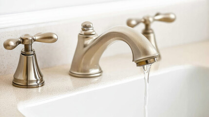 Wall Mural - Close-up of a leaking faucet dripping water onto a white porcelain sink, highlighting the urgency of fixing a product issue.