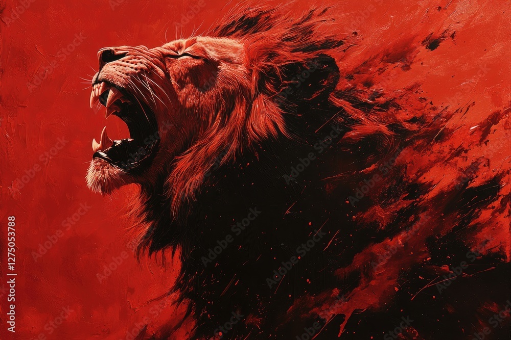 Roaring Lion in Red Abstract Expressionism Stock Illustration | Adobe Stock