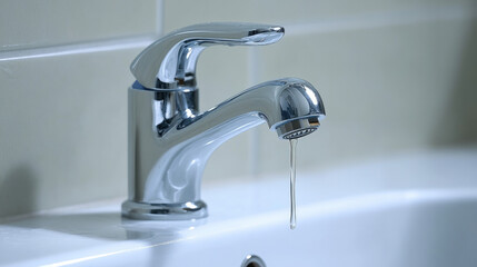 Wall Mural - Close-up of a leaking faucet dripping water onto a white porcelain sink, highlighting the urgency of fixing a product issue.