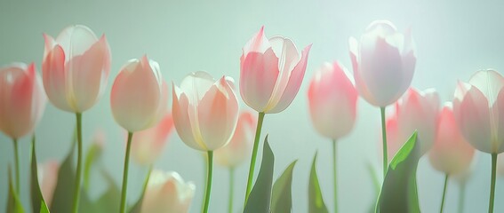 Wall Mural - Soft pink tulips blooming outdoors, bright background, spring greeting card