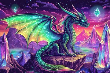 a vibrant dragon rests amidst crystal mountains and stars