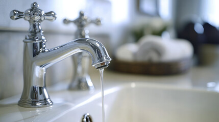 Wall Mural - Close-up of a leaking faucet dripping water onto a white porcelain sink, highlighting the urgency of fixing a product issue.