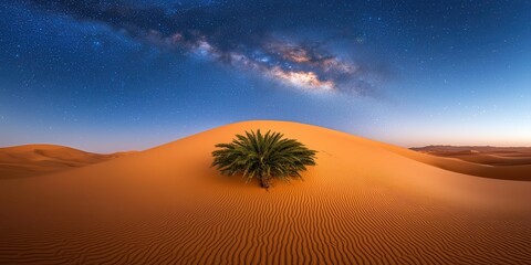 Wall Mural - Desert landscape Concept. A solitary palm tree stands in golden sands under a starry sky, capturing the serene beauty of a desert landscape at twilight.