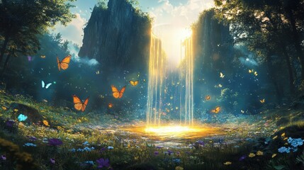 Canvas Print - Enchanting Waterfall In A Magical Butterfly Forest