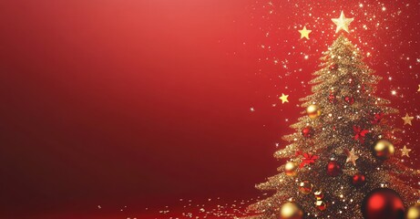 Wall Mural - sparkling christmas tree with golden decorations and glowing lights on a red background, symbolizing