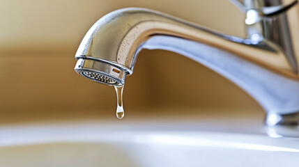 Wall Mural - Close-up of a leaking faucet dripping water onto a white porcelain sink, highlighting the urgency of fixing a product issue.