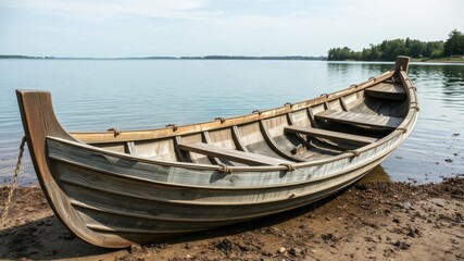 Naklejka na meble Weathered wooden boat on a lake shore, wooden boats, weathered wood