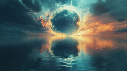 Canvas Print - Celestial Sphere Over Calm Ocean Sunset Cloudscape