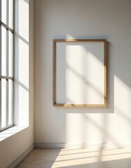 Aufkleber - Modern loft with frame mockup on white wall. Oak frame, blank picture, decoration. Beige neutral square empty mock up indoor minimal wall interior Scandinavian lifestyle. Home design in white wooden
