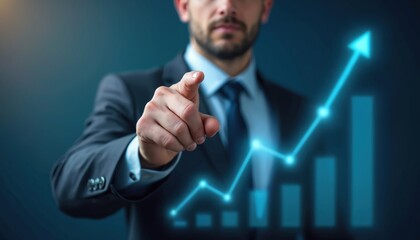 Poster - Businessman points at growth chart graph illustration. Business strategy planning, positive indicators increasing. Development concept, financial performance improvement, investment opportunity,