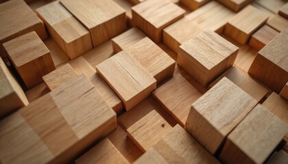Fototapete - Wooden blocks background. Teak, bamboo, oak wood samples stacked randomly. Natural hardwood texture with visible grain. Carpenter shop material, sustainable eco-friendly resource for construction,