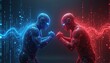 © miss irine - Cybersecurity showdown visualization. Blue team confronts red team in digital space. Futuristic network breach defense. AI generative illustration data protection, cyber war. Shows abstract tech