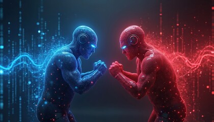 Fototapete - Cybersecurity showdown visualization. Blue team confronts red team in digital space. Futuristic network breach defense. AI generative illustration data protection, cyber war. Shows abstract tech