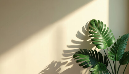 Poster - Tropical monstera plant leaves shadows reflected on beige wall. Minimal interior background with natural light. Exotic plants with copy space best for product display, stage, presentation and banners.