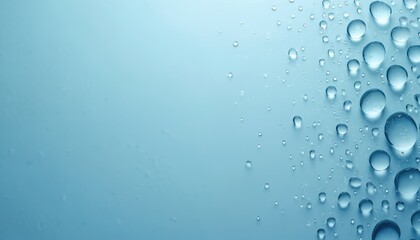 Aufkleber - Serene blue background with water droplets. Simplistic flat lay design, empty space for text, freshness, clarity. Rain water condensation for product advertising, wallpaper, eco, cosmetic, beauty