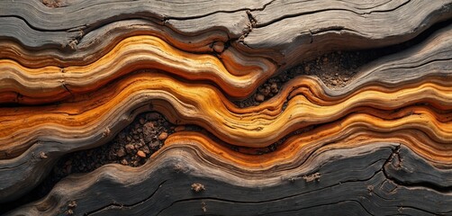 Poster - Close-up illustration of wavy cut wood texture in orange, grey colors. Aged timber surface, natural tree pattern, cracked rough hardwood, abstract wave design, macro detail.