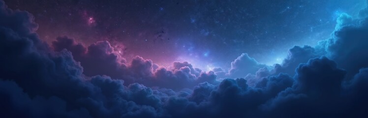 Aufkleber - Illustration of dark blue, purple starry sky. Soft clouds illuminated with space glow. Night panoramic view, galaxy in background. Concept for cosmos, astronomy, fantasy and science.
